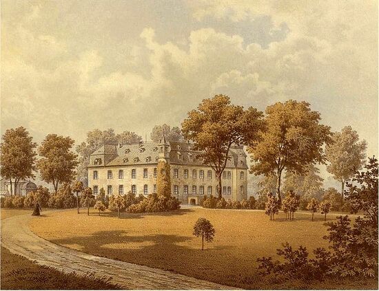 Lithographie von Schloss Gymnich um 1860 aus der Sammlung Duncker