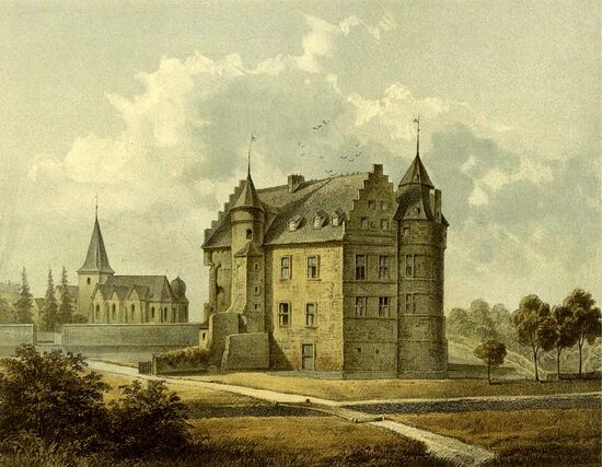 Lithografie der Harff'schen Burg aus Sammlung Duncker