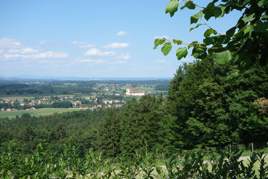 von weitem kann man das riesige Schloß Stainz oberhalb der Bürgerhäuser des kleinen gleichnamigen Ortes erkennen.