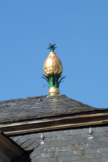 der goldene Dachschmuck der Orangerie, die Ananas, ist als Symbol für Exotik schon von weitem erkennbar