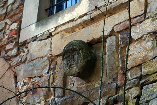 Neidkopf
Der plastische Kopf aus Sandstein stammt vermutlich aus der Zeit um 1400. Sein fratzenhaftes Antlitz sollte die Burg und ihre Bewohner vor der Missgunst feindlich gesinnter Menschen oder Dämonen schützen. Neidköpfe finden sich häufig an herrschaftlichen Bauten des Mittelalters, später auch an Bürgerhäusern der Renaissance.