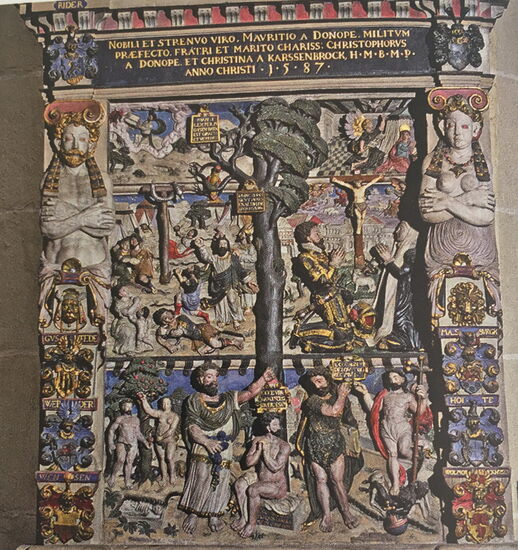 Epitaph für den 1587 verstorbenen Moritz von Donop in St. Nicolai schildert das heilsgeschehen vom Sündenfall bis zur Auferstehung Christi