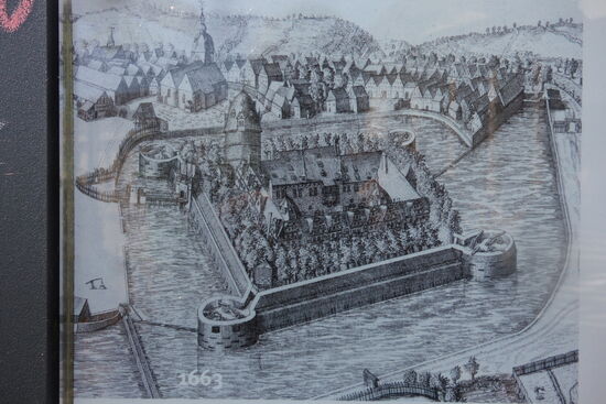 Schlossanlage mit Wassergraben und Ummauerung