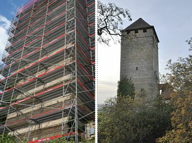 uns präsentiert sich der Bergfried so - so sah er wohl vor der Einrüstung aus