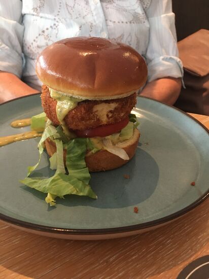 Ziegenkäse Burger (vegetarisch)
panierter Ziegenkäsetaler I Salat I Karamellisierte Zwiebel I Gurken I Tomaten I Dill-Honig-Senf-Sauce