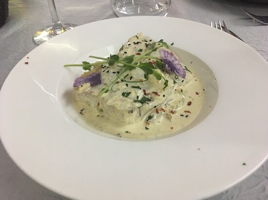 Poisson à la crème d'amande saveur italienne avec ses lentilles corail