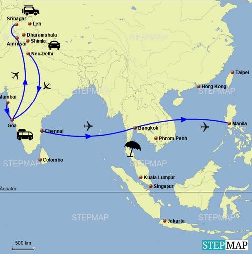 Geplante Tour 2017/2018 (zurück aus dem Himalaya mußten wir leider die Tour in Goa im Dez. 2017 unterbrechen und sind im Feb. 2018 direkt nach Thailand und nicht nach Manila)