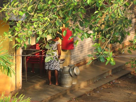 ...gegenüber der Milchladen. Geöffnet ab 8:00 Uhr morgens. Dann bringen die Kuhbesitzer mit dem Moped die Milch in kleinen Milchkannen, die wird gewissenhaft gewogen und notiert, umgefüllt in große Kannen, die dann um Punkt 9:00 so ca. mit einem Kleinlaster abgeholt werden. Tägliche Beobachtung von unserem Balkon.