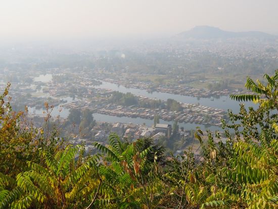 Srinagar von oben mit Dal-See und den vielen Hausbooten.