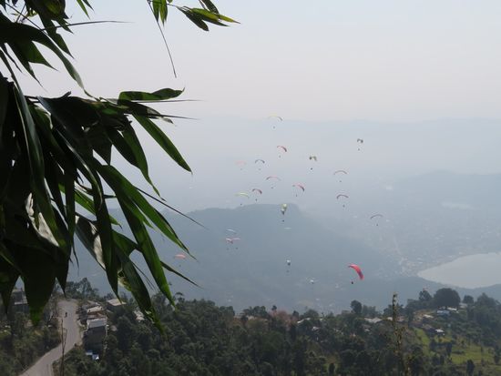 ... dann gehen wir in der Mittagshitze zu Fuß den wirklich sehr steilen, steinigen und staubigen Weg ca. 2,5 Std. hinab nach Pokhara. Der Flug mit den Paraglidern wäre sicherlich bequemer gewesen.