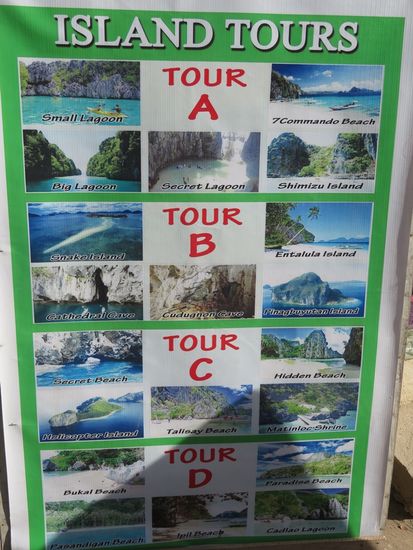 ... und obligatorisch für jeden Touristen ist es, mind. eine der Bootstouren A, B, C oder D zu machen. 
El Nido ist voller Touristen. Die Preise für Unterkunft und Essen sind ca. 50 - 100% höher als sonstwo auf den Philippinen. Es lohnt sich aber trotzdem.