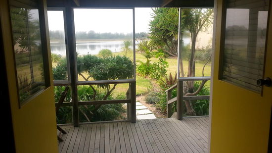 Ausblick bei geöffneter Schlafzimmertür - schon sehr nett!
Auf dem See ziehen schwarze Schwäne ihre Bahnen und wer in der Idylle etwas Thrill möchte, muss einfach seine Dinnerreste an die Möwen verfüttern - ein Hauen und Stechen wie bei Hitchcock.