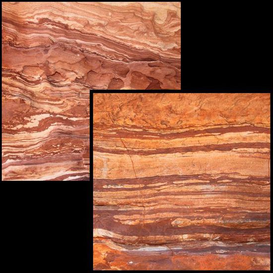 Die verschiedenfarbigen Sandsteinschichten wirken in der Nahaufnahme ein bisschen wie moderne Kunst. Tatsächlich sind sie aber schon sehr historisch, da sich der Sand bereits vor 400 Mio. Jahren abgelagert hat.