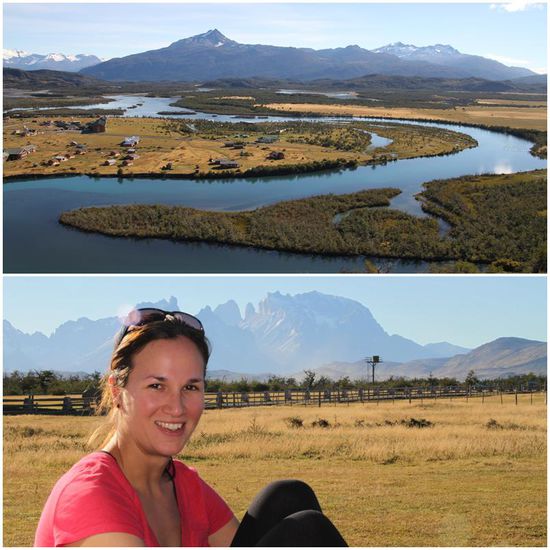 Blick aus der Vogelperspektive auf unsere im Tal des Rio Serrano gelegene Unterkunft und Aussicht von unserer Veranda.