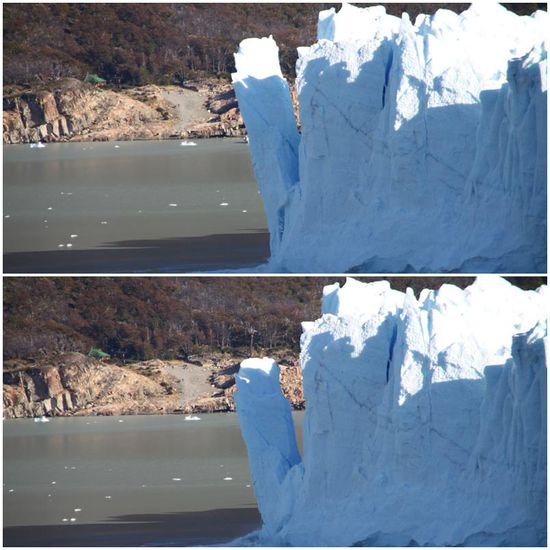 Der Gletscher arbeitet die ganze Zeit und es sind immer mal wieder "Donnerschläge" zu hören. Diese rühren von Eisbrocken, die mit einem lauten Knall ins Wasser rauschen.