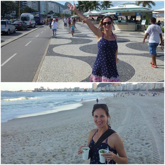 Zwei Klassiker der Copacabana:
das Mosaikmuster der Strandpromenade und natürlich die Caipirinha. 
Trinkt in Rio übrigens kein Mensch mit Crushed Ice, würde auch viel zu schnell schmelzen...