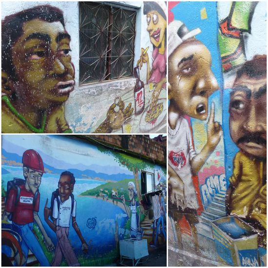 Auch Alltagsgeschichten finden Erwähnung. Ein armer Bewohner möchte seine Angebetete mit billigem Cachaça zur Hochzeit bewegen, doch der Vater hat rechts etwas dagegen und wünscht sich jemanden mit mehr Geld.
Unten ein Bild aus früheren Zeiten, ohne Betonbebauung (rechte Hälfte) und in der linken Hälfte neue Betätigungsfelder der Bewohner zum Beispiel als Guide...