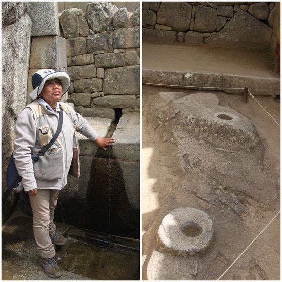 Links: Wir bekommen das Kanalsystem erläutert.
Rechts: Mit Hilfe der (aufgefüllten) Wasserspiegel beobachteten die Inkas die Sterne.