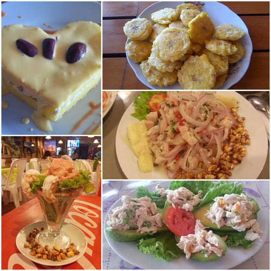 Auswahl der Leckereien:
Link von oben nach unten: 
Causa, Kartoffelbrei in nette Formen gepresst und mit Hähnchen oder Shrimps gefüllt
Shrimp Cocktail mit Maiskörnern
Rechts von oben nach unten: 
Frittierte Kochbananen, schmecken ein bisschen wie Pommes
Ceviche, peruanische Spezialität aus rohem Fisch mit viiiiiiiiiiiiiiel Limone und Chili
Palta rellena, mit Hähnchen oder Shrimps gefüllte Avocado