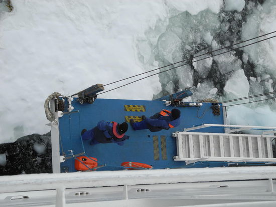 Wir haben den 65,15 Breitengrad erreicht und nehmen Kurs auf Petermann Island. Leider wird unser Ausflug nach Peterman Island durch starken Wind, Wellen und jede Menge Treibeis verhindert, so dass die Anlegeplattform für die Boote wieder hochgefahren werden muss.