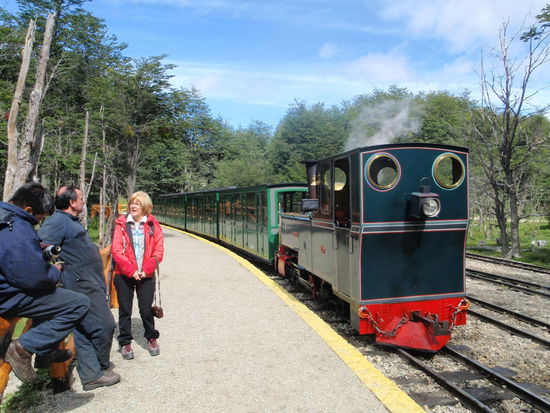 Die südlichste Dampfeisenbahn der Welt fährt in den Nationalpark, ein Ticket für die 6 km kostet 45 US $ . Wir haben uns mit den Lokführern unterhalten, die sichtlich Spaß daran haben, den Spielzeug Zug zu bedienen. Wir wandern heute weiter zur Pampa Alta, wobei Gerhard erst unterwegs von mir erfuhr, dass "alta" hoch bedeutet. Wir wurden durch einen tollen Ausblick auf die Magellanstrasse belohnt.