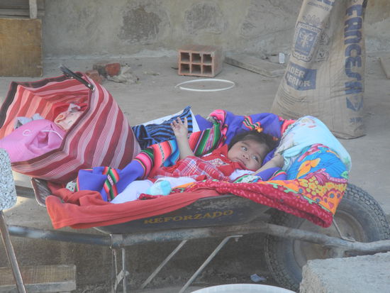 Die peruanischen Mütter haben ihre Kinder überall dabei, bequem in einer Schubkarre!