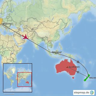 Wir fliegen in München um 13:10 Uhr ab und kommen am nächsten Tag um 7:00 Uhr früh in Singapur an. Der Flug dauert 11,5 Std. die Zeitverschiebung beträgt 6 Stunden.