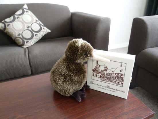 Kiwi hat sich in der Sofa-Ecke eingereichtet und das Schatzkästchen lässt er nimmer aus dem "Blick"