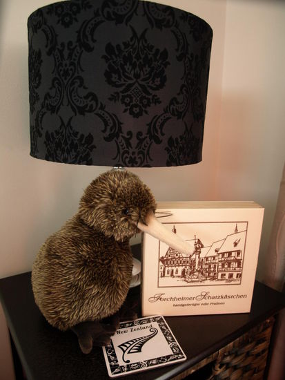 Kiwi hat es sich mit dem Schatzkästchen auf dem Nachtkästchen bequem gemacht