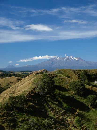 Ein Teil der River Road liegt im Whanganui National Park und am Ende der Straße in Pipiriki geht es nur noch per Boot weiter - ich bin also Richtung Hauptverkehrsstraße gefahren und hatte einen klasse Blick auf den Vulkan Ruhapeu. Der liegt im Tongarino Nationalpark und wird am nächsten Tag eines meiner Ziele sein