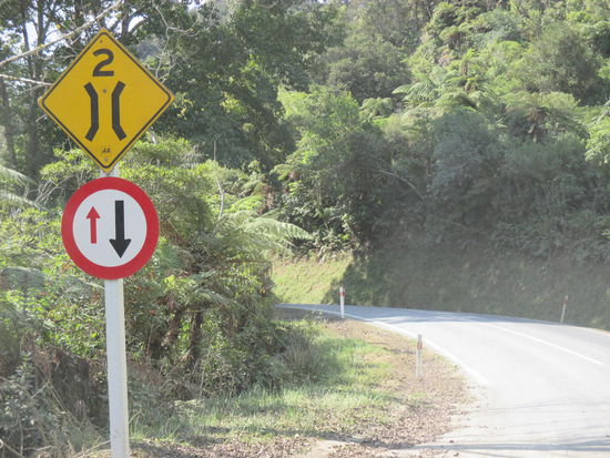 Dieses Schild bedeutet, dass zwei einspurige Brücken folgen und man Vorfahrt gewähren muss