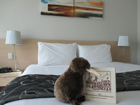 Kiwi hatte es sich gleich mal im Bett bequem gemacht und da das Schatzkästchen stetig aufgefüllt wird, lässt er dieses auch nicht mehr aus dem Schnabel