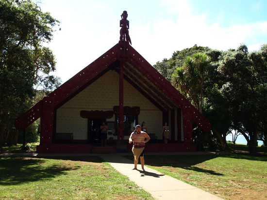 Das Versammlungshaus und ein Maori"krieger" beim Begrüßungsritual - also ich wäre davon gelaufen - ich hätte die Gesten nie als Willkommen verstanden, sondern nur als Drohung