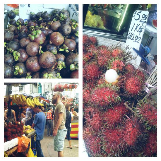Rambutan (rot mit Stacheln): ähnelt im inneren einer Litschi schmeckt wie Honigmelone
Mangosteen (violette Schale): weißes Fruchtfleisch, schmeckt wie eine Manderine