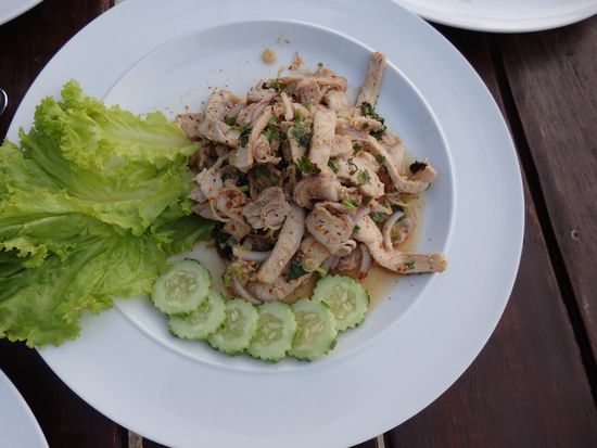 Larb Muu Yaang,
Char grilled fresh pork filled, sliced and marinated in lime juice, rice powder, mint, coriander, purple onion. Can be served mild, medium or hot.