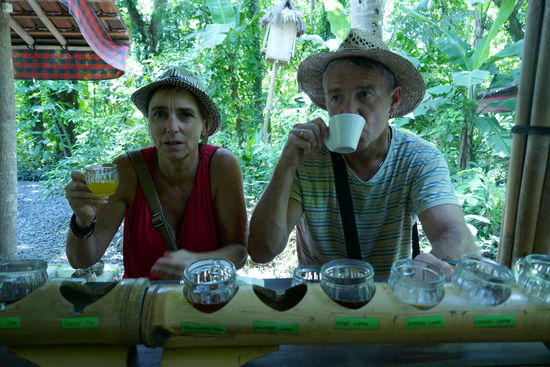 Ob Zimt, Ingwer, Kokos, Vanille, Hibiskusblüte, Kakao, Lemon oder  Zitronengras alles war dabei und wir hatten Mühe, den besten rauszufinden. Für den Luwak Kaffee mussten wir extra zahlen. 50.000 Rupiah pro Tasse, was 3.50€ bei uns sind, haben wir uns noch zusätzlich gegönnt. Im Laden könnte man dann noch einkaufen, was auch wir getan haben.