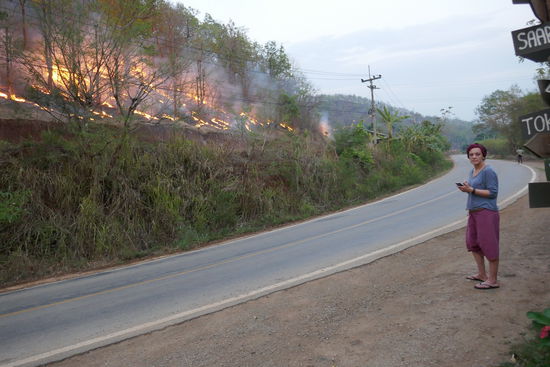 Die Straße trennt das Feuer von unserem Guesthaus.