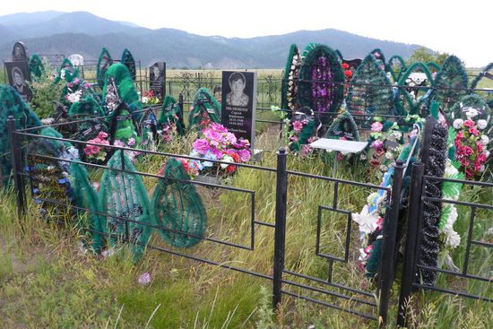 Plastikblumen und natürlicher Grasbewuchs ...