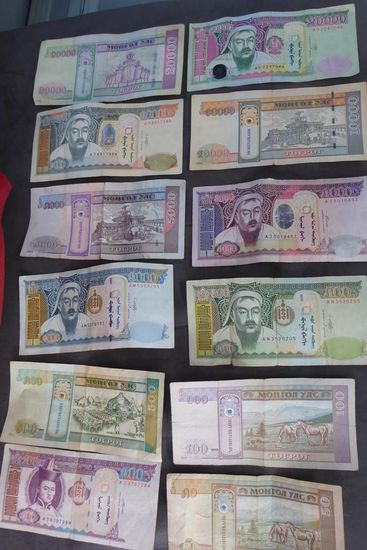 Tugrik, die mongolische Währung (2446 Tugrik = 1 Euro)
Münzen gibt es nicht