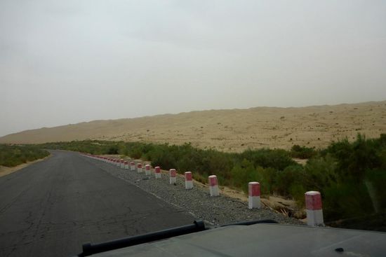 Die Straße wird begrenzt von etwa 30 m breiten Grünstreifen ...