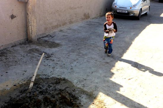 ... er arbeitet schon gerne mit,
an den Lehmbauten muß ständig nachgebessert werden ...