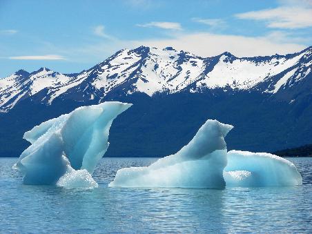 Die abgebrochenen Eisbloecke schwimmen im milchig gruenen Gletscherwasser des Lago Argentino.