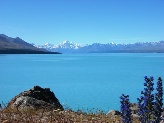 Hinter dem blaugruenen Wasser des Lake Pukaki erhebt sich majestaetisch der Mt. Cook.