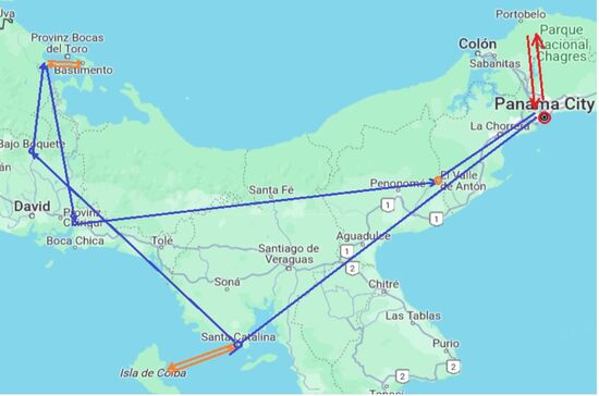 rot - Flug
blau - Auto
orange - Boot