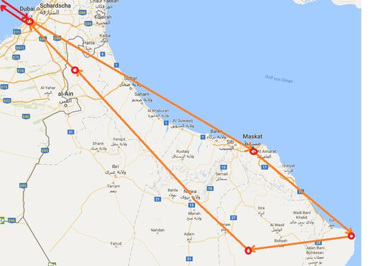 Unsere Route:
Dubai - Maskat - Ras al Hadd - Hawiyah (Wahiba Sands) - Nizwa - Mahdah - Dubai.