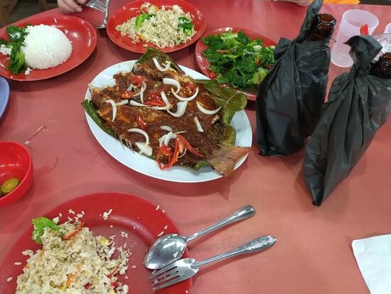 Das Abendmahl.  Leckerer selbst ausgesuchten frischer Fisch.  Und wenn man in Malaysia offiziell kein Bier ausschenken darf,  wird's  eben eingepackt.