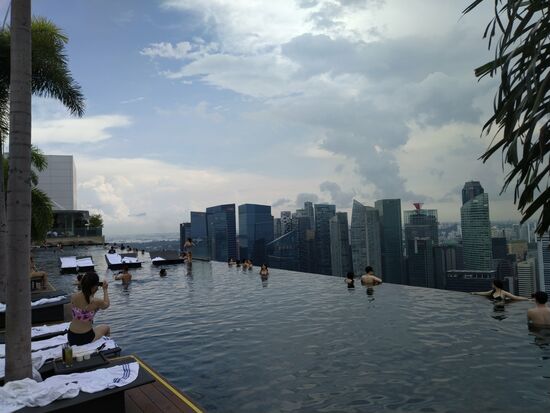 Der erste Blick auf den 150m langen Pool mit einen Wahnssinnsblick über Singapur.  Der ist nur für Hotelgäste, Besucher können gegen einen fürstlichen Obolus das Observationsdeck besuchen. Auf der einen Seite sieht man die Skyline, auf der anderen gehört der Blick den Gardens of the bay. Auch ein Hingucker.