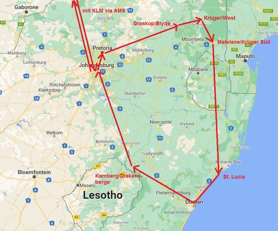 Den äußersten Norden müssen wir auslassen...schon so sind es teils erhebliche Fahrstrecken, z. B. von Malelane nach St. Lucio durch Eswatini (ehemals Swasiland)  6-7 h Fahrzeit für 400 km.