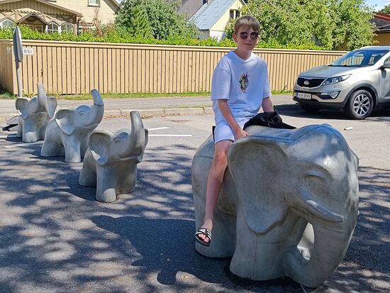 Elefanten sieht man im ganzen Ort als Thema immer wieder und hier als Poller auf der Straße.