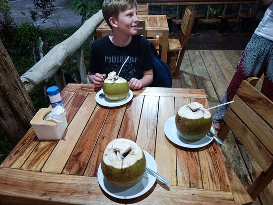 Der Empfang durch den Hotel-Eigentümer...Kokosnuss aus einer Ernte